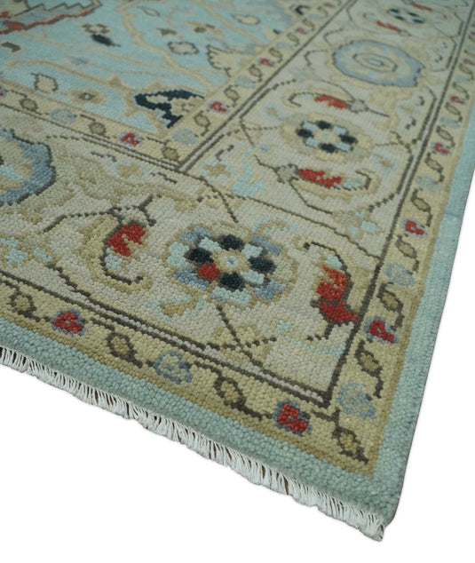 Vintage Antique Oushak Light Blue, Beige And Red Hand Knotted 8x10 ft Bedroom, Living Room Rug Wool Area Rug