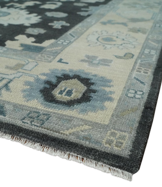 Custom Made Oriental Oushak Hand Knotted Black, Ivory And Gray Wool Area Rug