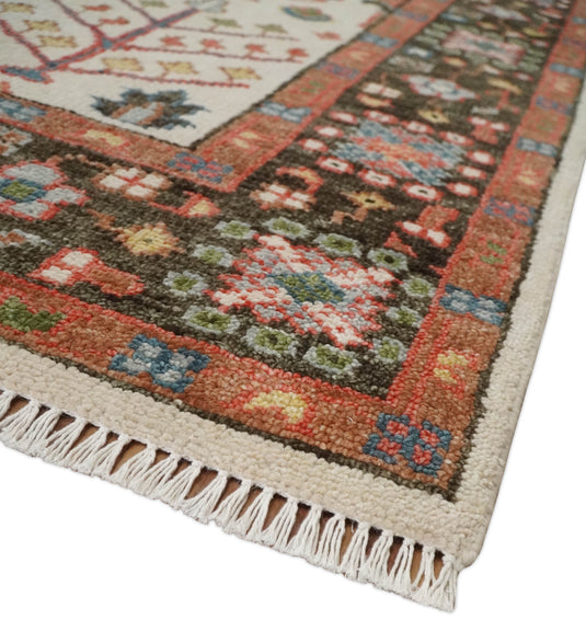 Custom Made Traditional Ivory, Brown And Rust Tree Of Life Hand Knotted Oushak Wool Area Rug