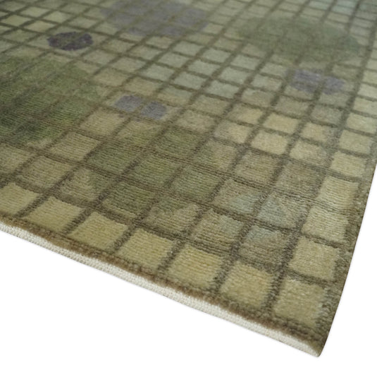 Modern Geometrical Pattern Hand Knotted Olive 5x8 ft Bedroom, Living Room Rug , Wool and Viscose Area Rug AAOC1258