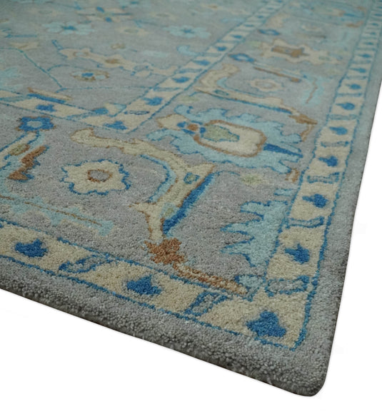 Traditional Floral Gray, Blue, Aqua, Beige And Ivory Hand Knotted 8x10 ft Bedroom, Living Room Rug Wool Area Rug