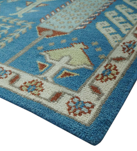 Tree Of Life Traditional Blue, Ivory, Gray and Rust Hand Knotted 8x10 ft wool Area Rug