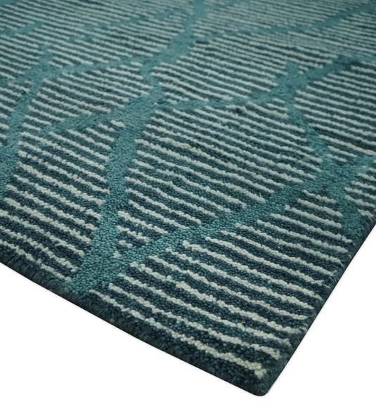 Custom Made Modern Horizontal Stripes Teal Hand Knotted Wool Area Rug