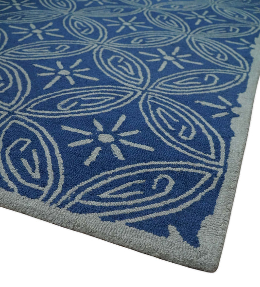 Custom Made Geometrical Pattern Blue And Gray Hand Tufted  Wool Area Rug