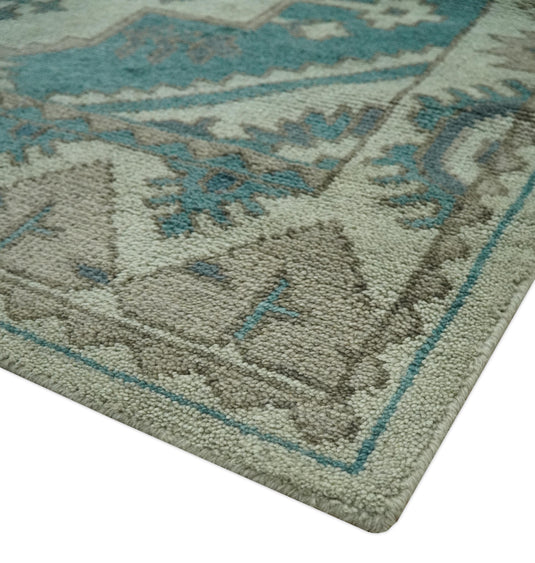 Tribal Pattern Teal, Ivory and Charcoal Traditional Hand Knotted 8x10 ft wool Area Rug