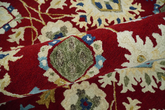 Custom Made Traditional Red, ivory And Blue Floral Hand Tufted Wool Area Rug