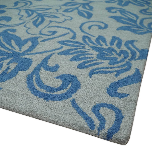 Custom Made Traditional Floral Pattern Gray And Blue Hand Tufted  Wool Area Rug