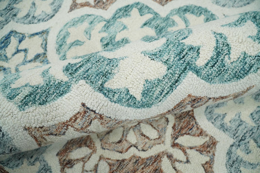 Custom Made Floral Pattern Blue, Rust, Aqua And ivory Hand Tufted Wool Area Rug