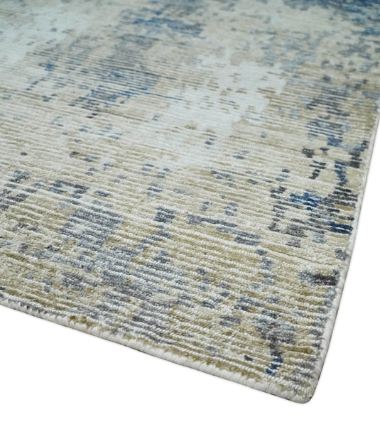 Modern Abstract Blue, Beige And Ivory Hand Knotted 8x10 ft Bedroom, Living Room Rug Bamboo Silk Area Rug