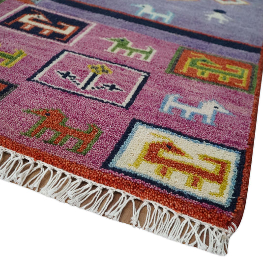 Antique Rust, Ivory, Green and Pink multicolored Hand knotted Tribal look 8x10 wool Area Rug