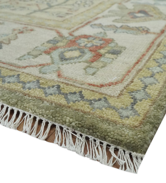 Traditional Hand knotted Ivory, Green and Beige Multi Size Traditional Heriz Serapi wool area rug