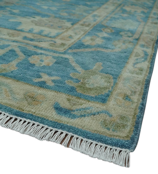 Hand Knotted Oriental Oushak Rug Blue and Beige Multi Size Ideal for Living, Bedroom, and Dining Rooms