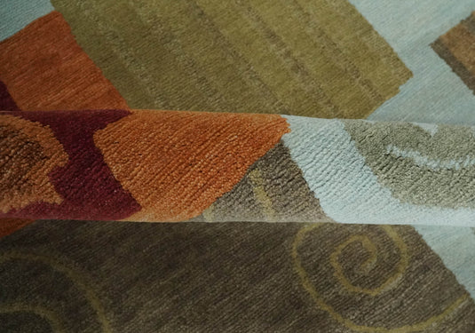 Traditional Leaf Block Print Handloom Green, Aqua and Olive 5x8 ft Bedroom, Living Room Rug , Wool  Area Rug AAOC858