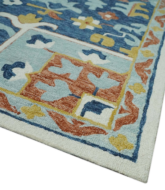 Custom Made Ivory, Blue, Rust And Olive Medallion Floral Hand Tufted Wool Area Rug