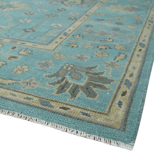 Traditional Floral Hand Knotted Blue, Gray And Beige 8x10 ft Bedroom, Living Room Rug Wool Area Rug