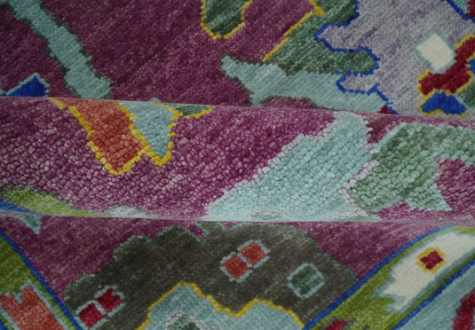 Hand Knotted Vibrant Colorful Oriental Oushak Rug Green and Purple 9x12 ft Ideal for Living, Bedroom, and Dining Room