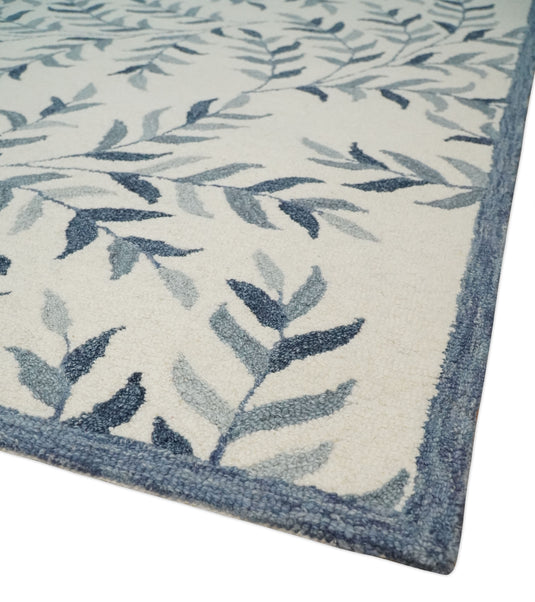 Custom Made Ivory, Gray And Charcoal Leaves Pattern Hand Tufted  Wool Area Rug