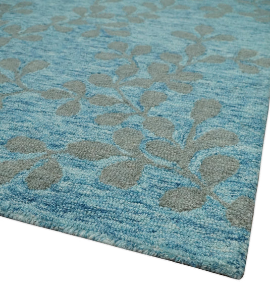 Custom Made Traditional Floral Pattern Light Blue And Gray Hand Tufted  Wool Area Rug