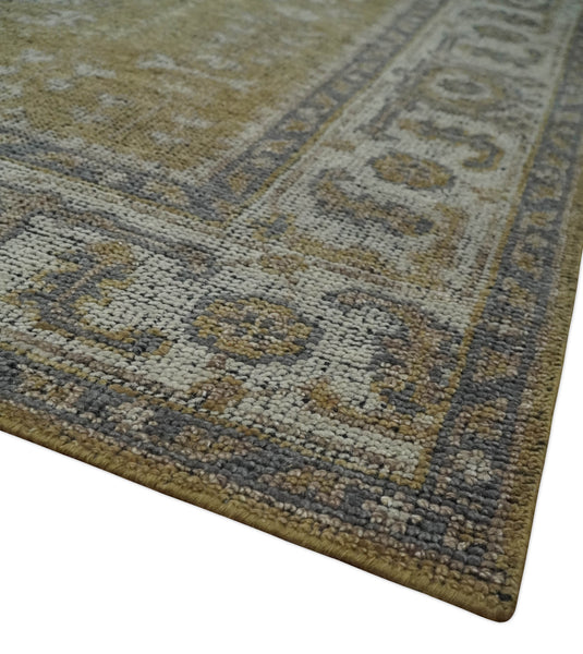 Custom Made Traditional Antique Pattern Gold, Gray And Ivory Hand Knotted Wool Area Rug