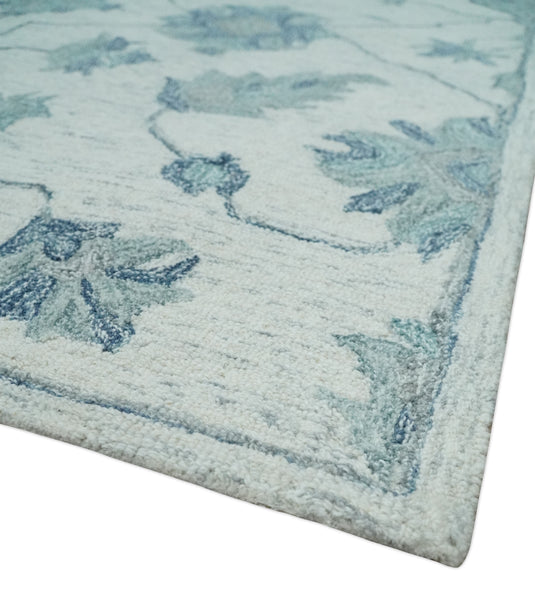 Custom Made Teal, Ivory And Gray Traditional Floral Hand Tufted Wool Area Rug