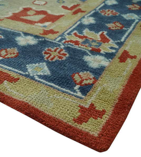 Custom Made Traditional Medallion Pattern Red, Blue, Ivory and Olive Hand Knotted wool Area Rug