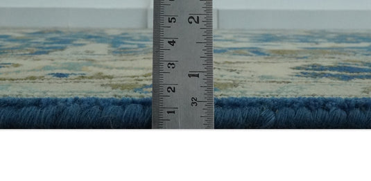 Custom Made Hand Knotted Oriental Oushak Blue, Ivory And Olive Wool Area Rug