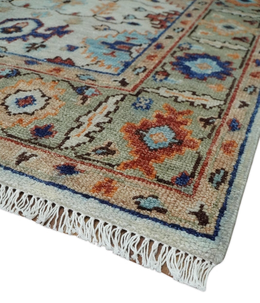 Custom Made Turkish Ivory and Green Colorful Traditional Hand Knotted Oushak Wool Area Rug