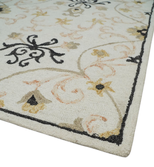 Custom Made Hand Tufted Ivory, Black And Peach Wool Area Rug