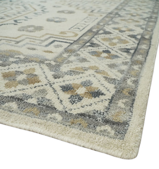 Traditional Medallion pattern Ivory, Gray and Charcoal Hand knotted 8x10 ft wool Area Rug