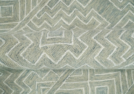 Custom Made Geometrical Beige And Ivory Hand Tufted Wool Area Rug