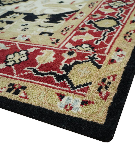 Traditional Pattern Black, Beige, Ivory and Red Hand Knotted 8x10 ft wool Area Rug