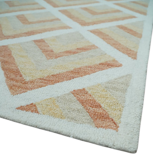 Custom Made Ivory, Dark Peach, Yellow And Light Beige Modern Geometrical Hand Tufted Wool Area Rug