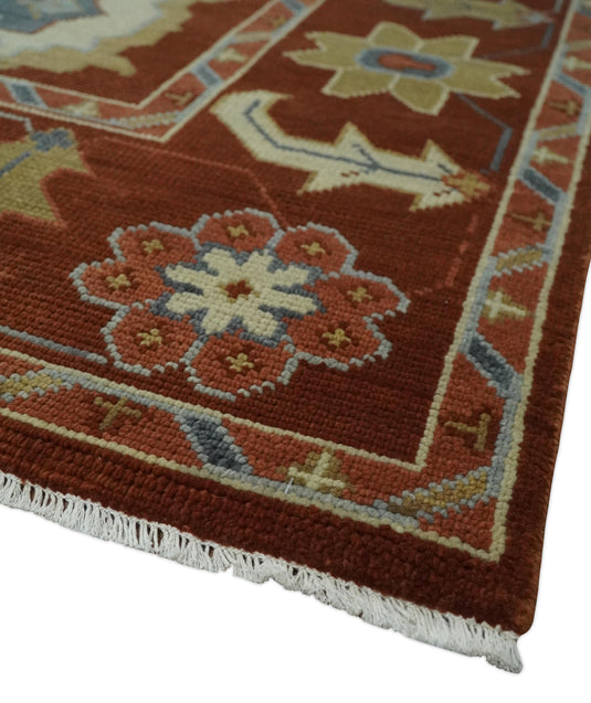 Custom Made Hand Knotted Oriental Oushak Maroon, Beige, Ivory And Blue Wool Area Rug