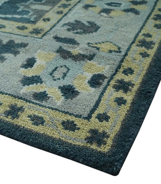 Custom Made Traditional Floral Pattern Dark Teal, Beige, Silver and Ivory Hand Knotted wool Area Rug