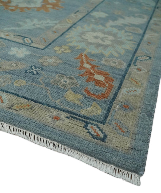 Custom Made Antique Floral Oushak Hand Knotted Gray, Beige, Blue And Rust Wool Area Rug