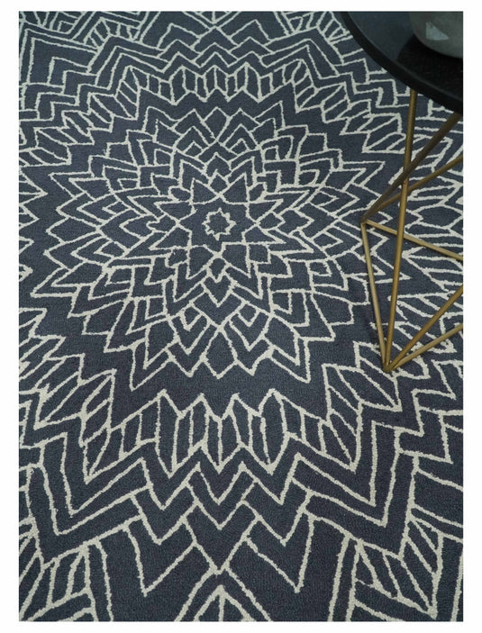 Custom Made Geometrical Radial lines Charcoal And Ivory Hand Tufted  Wool Area Rug