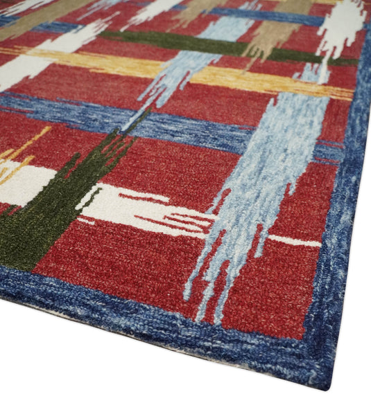 Custom Made Abstract Pattern Maroon, Ivory, Brown And Blue Hand Tufted  Wool Area Rug