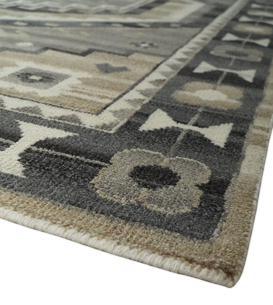 Traditional Medallion pattern Ivory, Beige, Charcoal and Brownish Gray Hand knotted 8x10 ft wool Area Rug