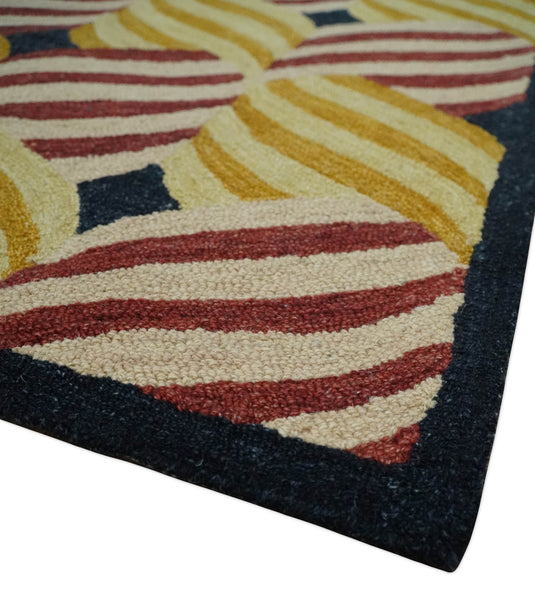 Custom Made Gold, Maroon, Black And Yellow Modern Stripes Pattern Hand Tufted Wool Area Rug