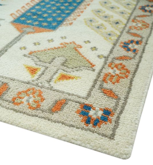 Tree Of Life Traditional Floral Ivory, Gray, Orange and Blue Hand Knotted 8x10 ft wool Area Rug