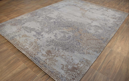 Abstract Design Brown And Silver Handmade 8x10 ft Bedroom, Living Room Rug Wool And Viscose Area Rug