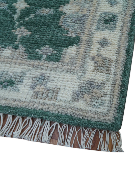 Traditional Oushak Design Green 2.6x9 ft Hand Knotted Wool Area Rug
