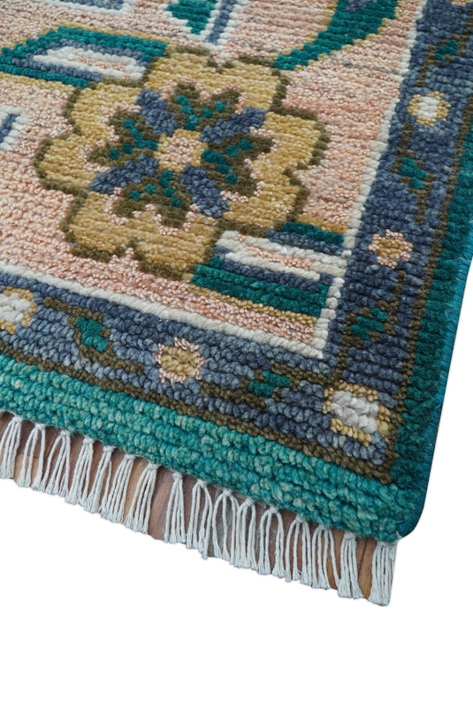 Traditional Khotan Design Beige And Teal 8x10 ft Hand Knotted Wool Area Rug