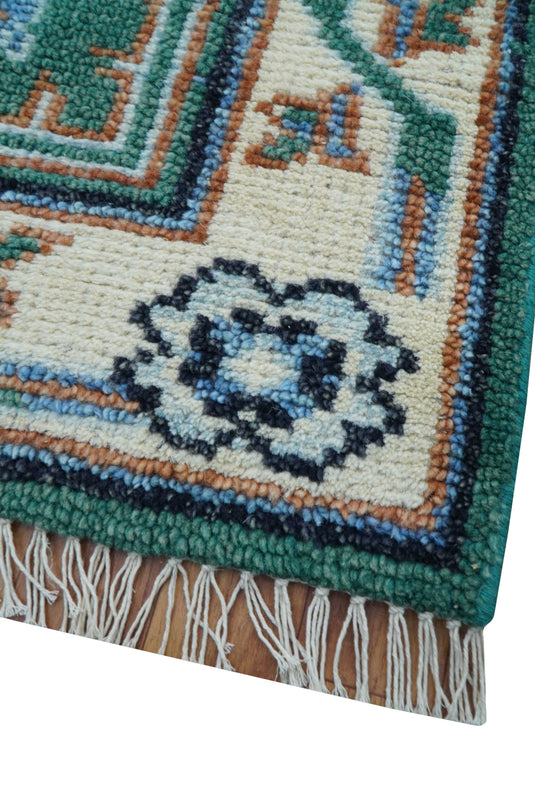 Traditional Khotan Design 4x6 ft Hand Knotted Teal And Ivory Wool Area Rug