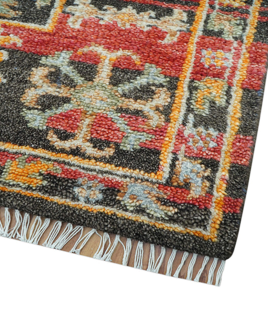 Traditional 8x10 ft Hand Knotted Charcoal And Red Wool Area Rug