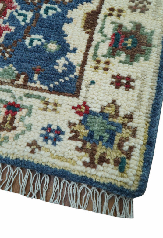 Traditional Design 2.6x8 ft Hand Knotted Blue And Ivory Wool Area Rug