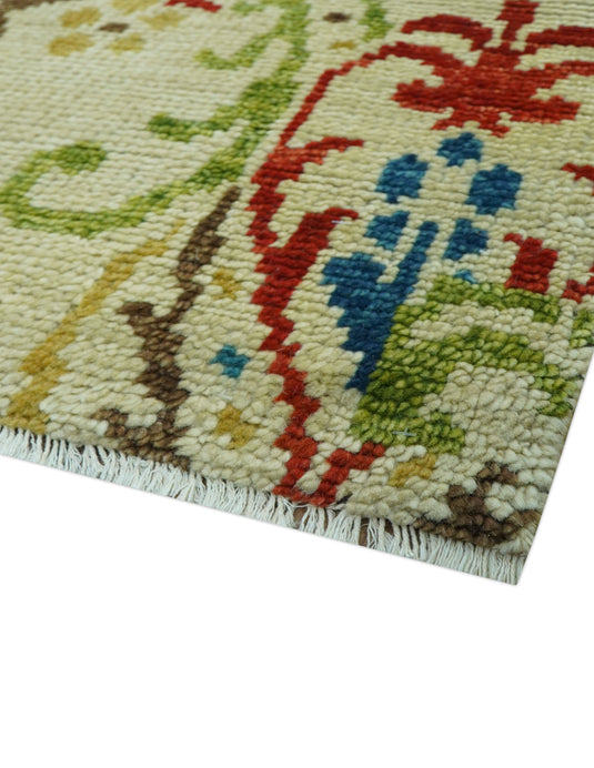 Vintage Floral Beige And Blue 8x10 Hand Knotted Wool Ideal for Living, Bedroom And Dining Rooms