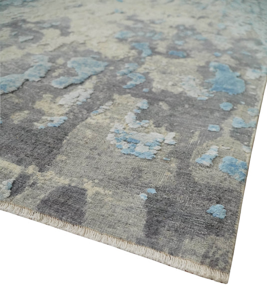 Abstract Pattern Blue, Beige And Charcoal Hand Carved 8x10 ft Bedroom, Living Room Rug Art Silk Area Rug