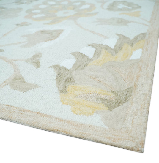 Custom Made Floral Pattern Silver, Olive, Beige And Yellow Hand Tufted Wool Area Rug