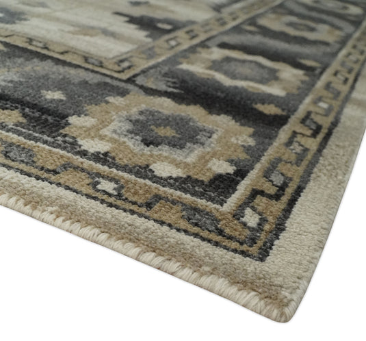 Traditional Tribal Pattern Charcoal, Gray, Beige and Ivory Hand Knotted 8x10 ft wool Area Rug